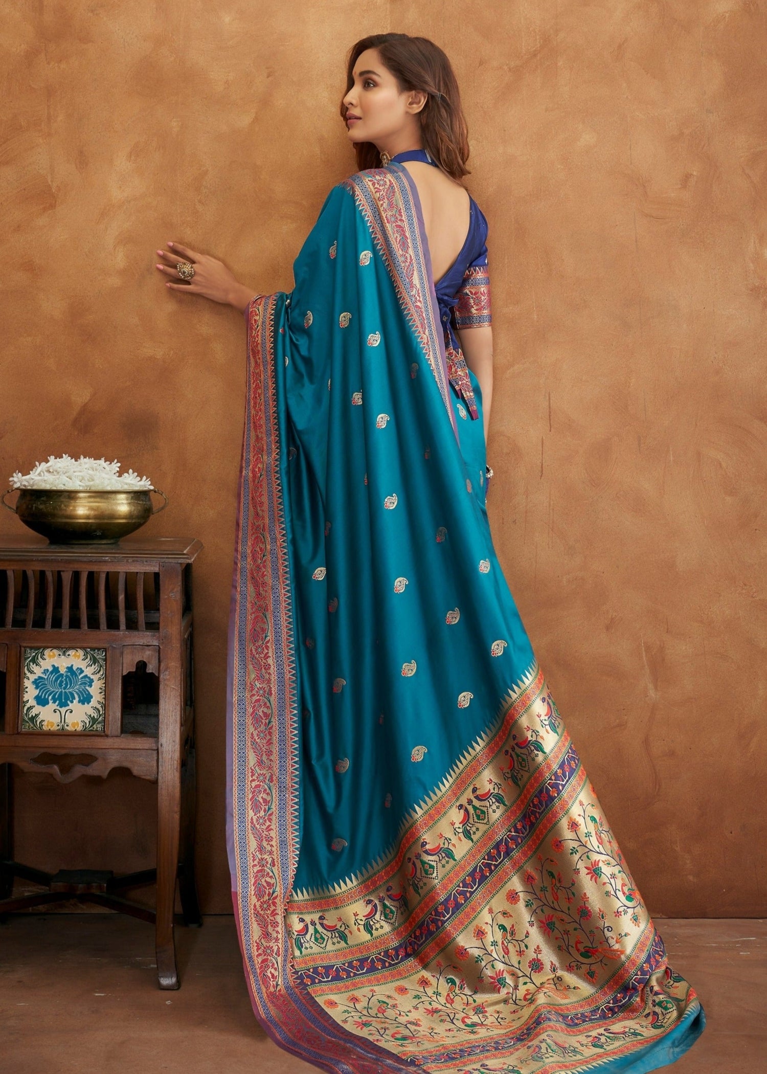 Blue paithani silk handloom saree in usa online for bridal wear.