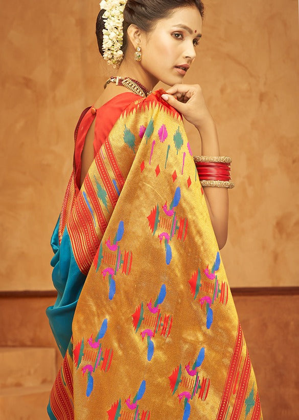 Turquoise blue paithani silk saree online price for bridal wear.