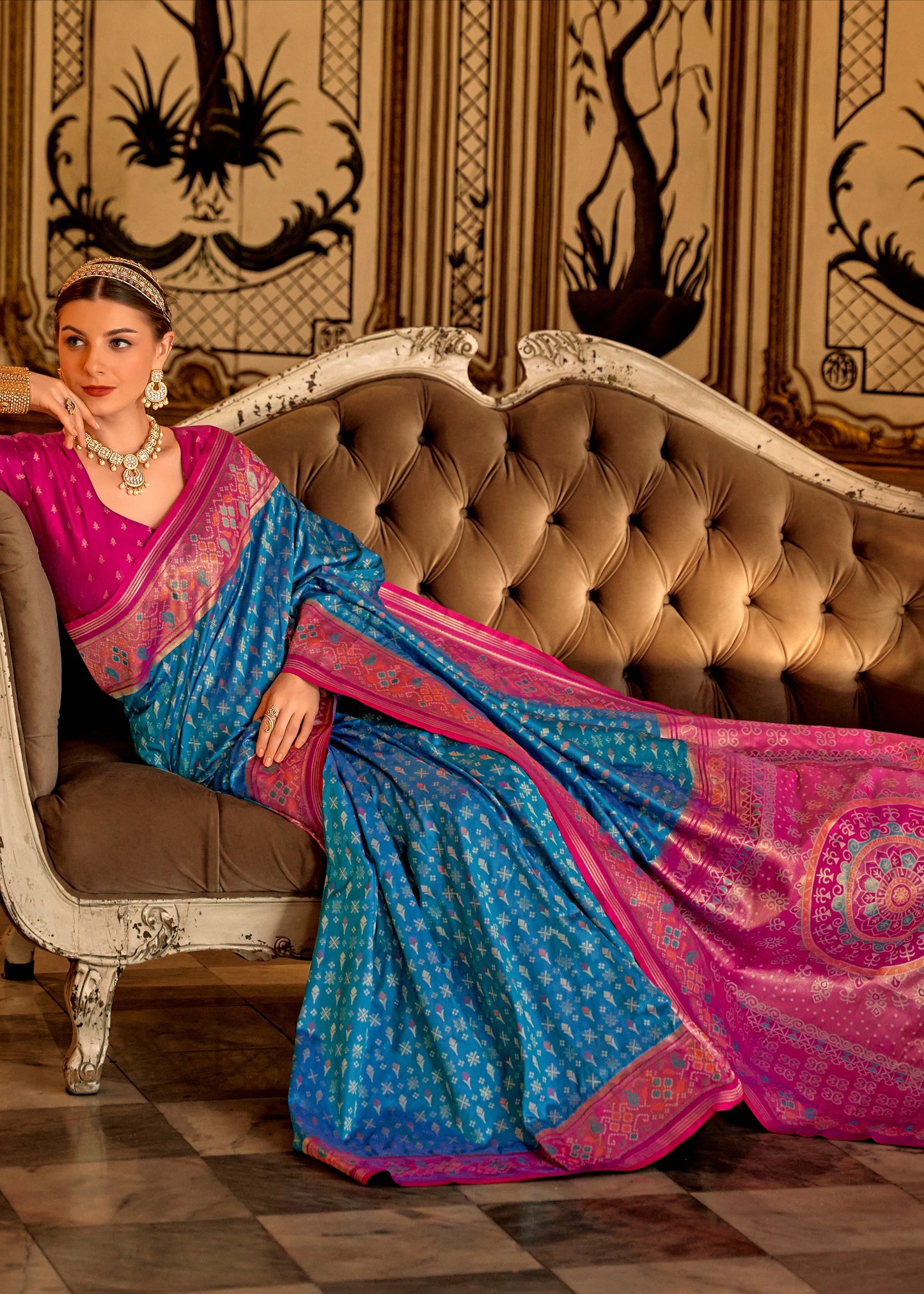 Shop blue banarasi patola silk handloom saree with contrast pink blouse in usa online for festival.