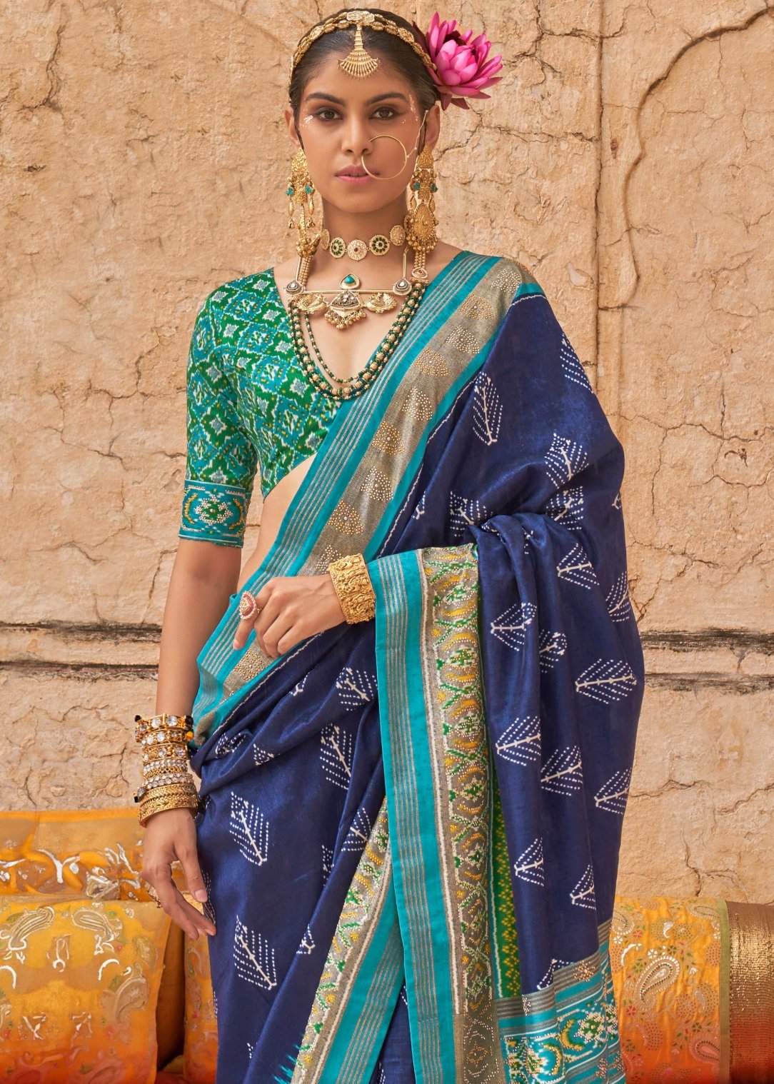 Designer patola silk royal blue bridal saree online shopping usa for wedding at fast delivery to and with fall pico.