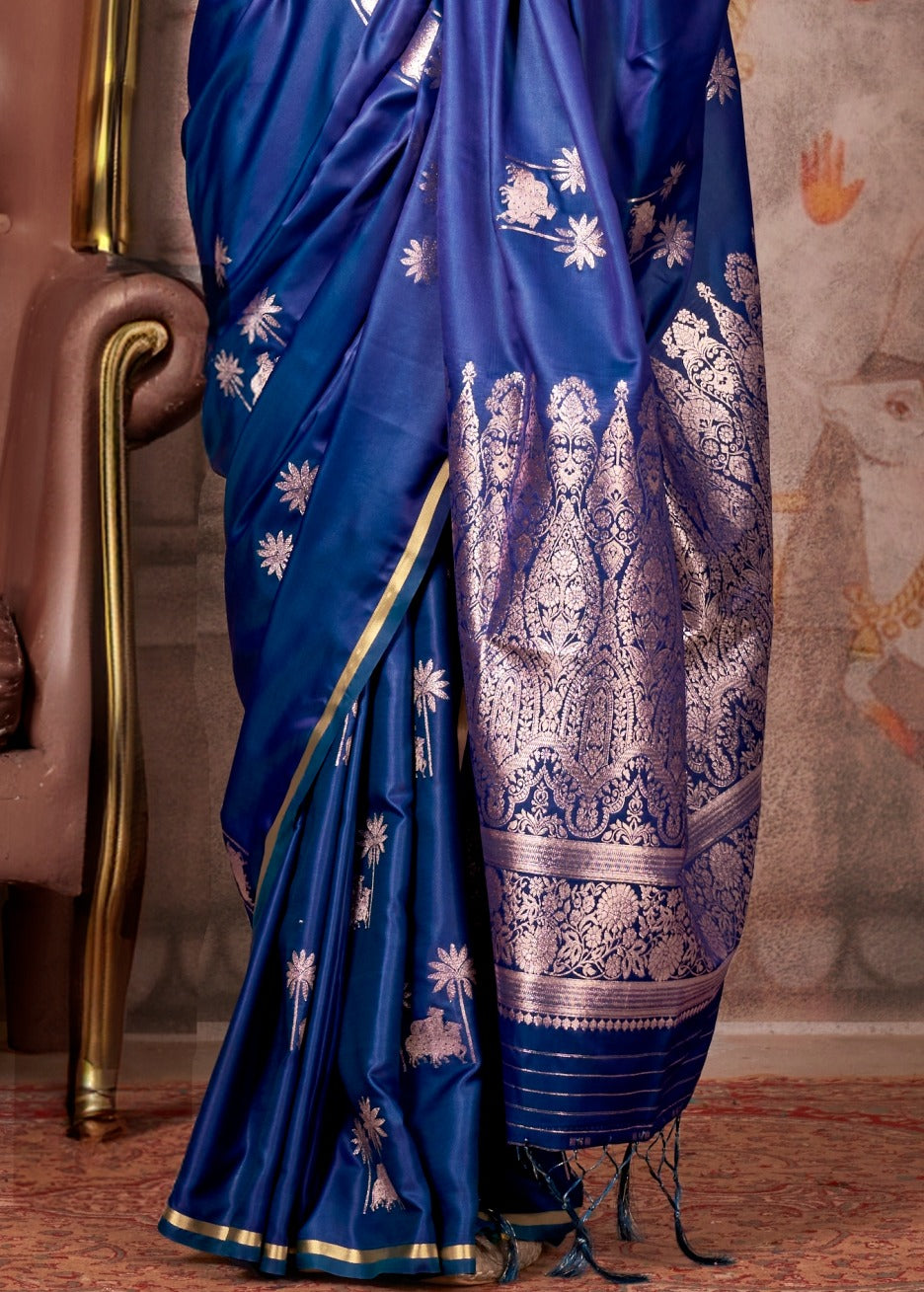 Ink blue pichwai designs saree online shopping for wedding function look in pure handloom banarasi satin silk.