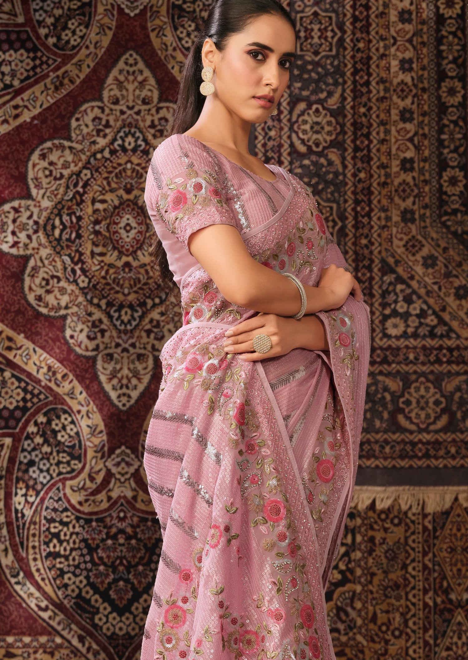 Blush pink georgette saree in usa online shopping for wedding.