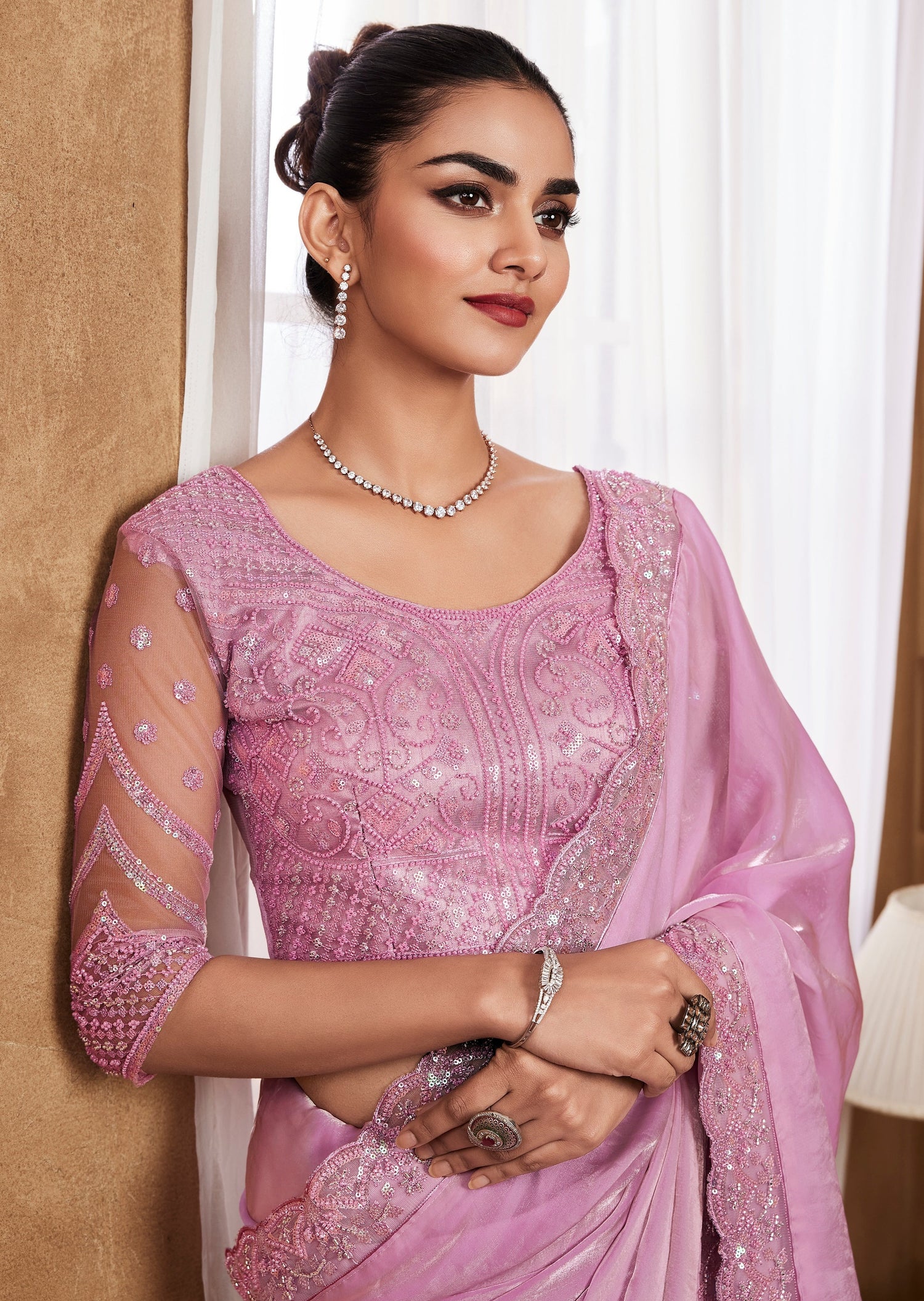 Blush pink handwork embroidery party wear saree usa online shopping with price.
