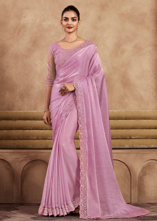 Blush pink handwork embroidery soft silk luxury saree online shopping website.