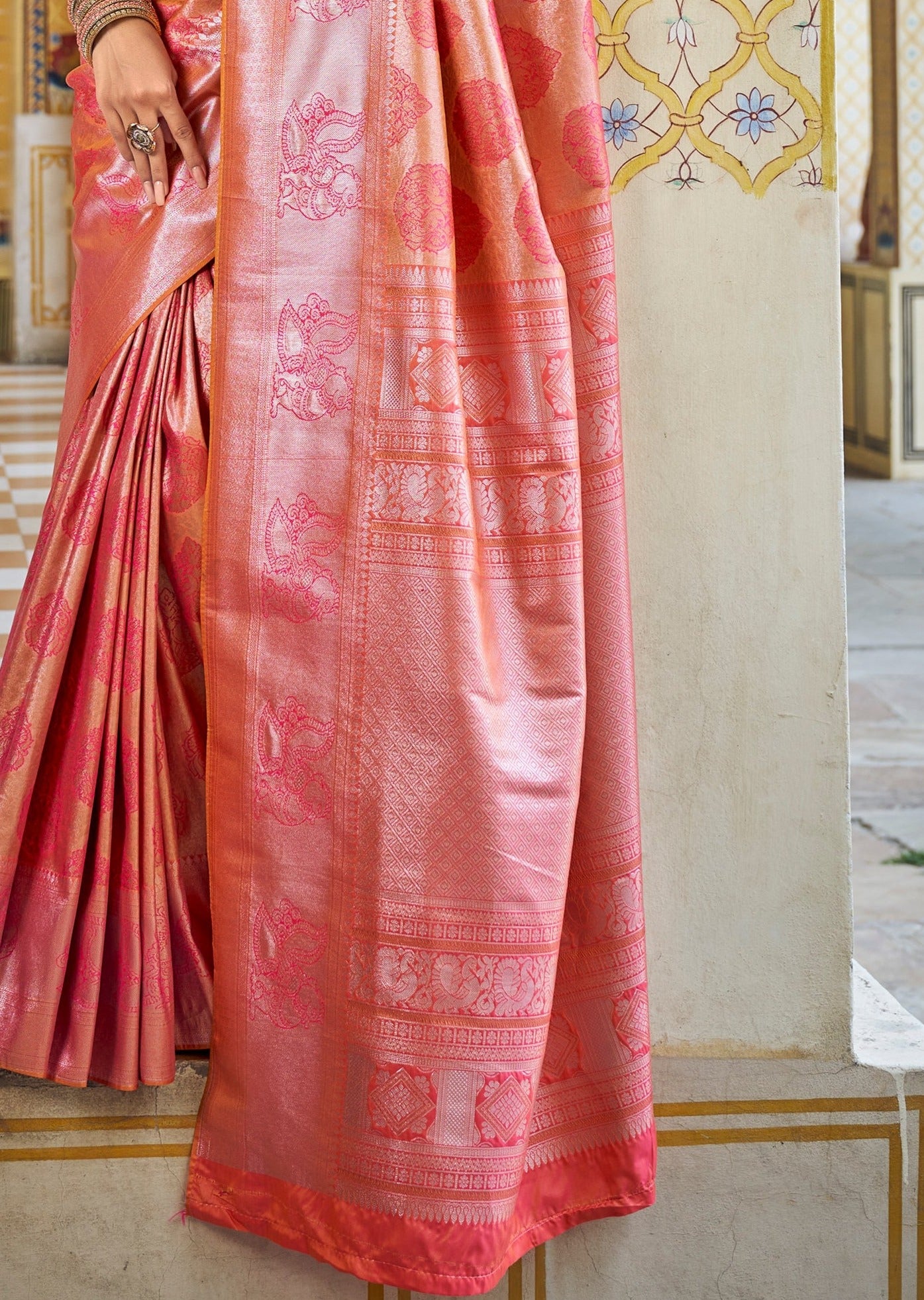 Blush pink pure kanchipuram silk saree pallu peacock designs online.