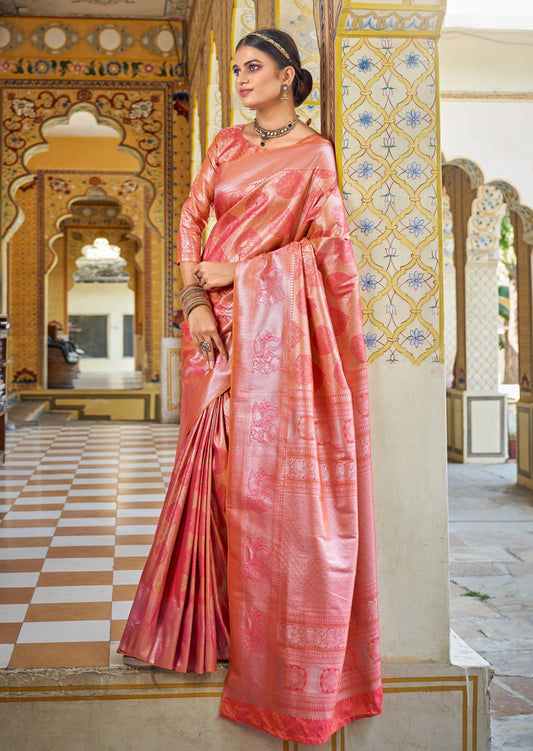 Blush pink pure kanchipuram silk saree online for wedding.