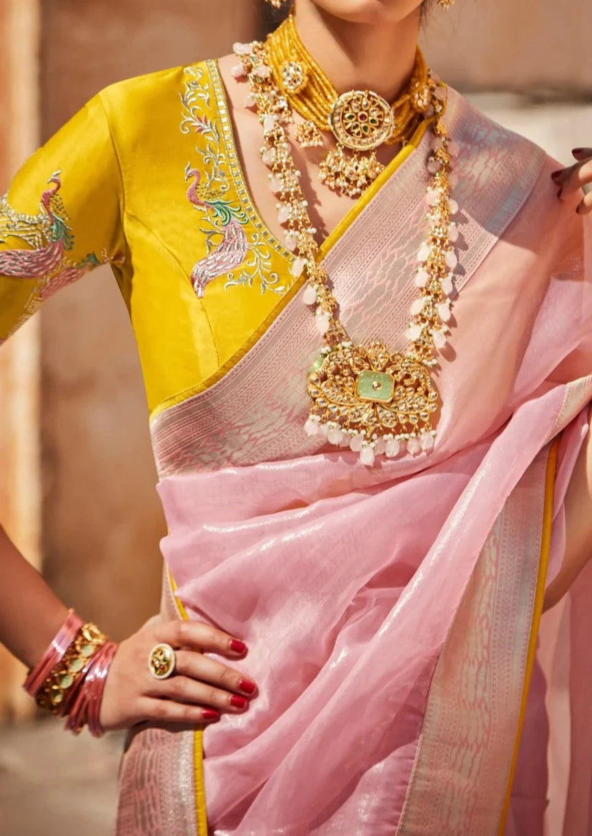 pink organza saree design with yellow embroidered blouse
