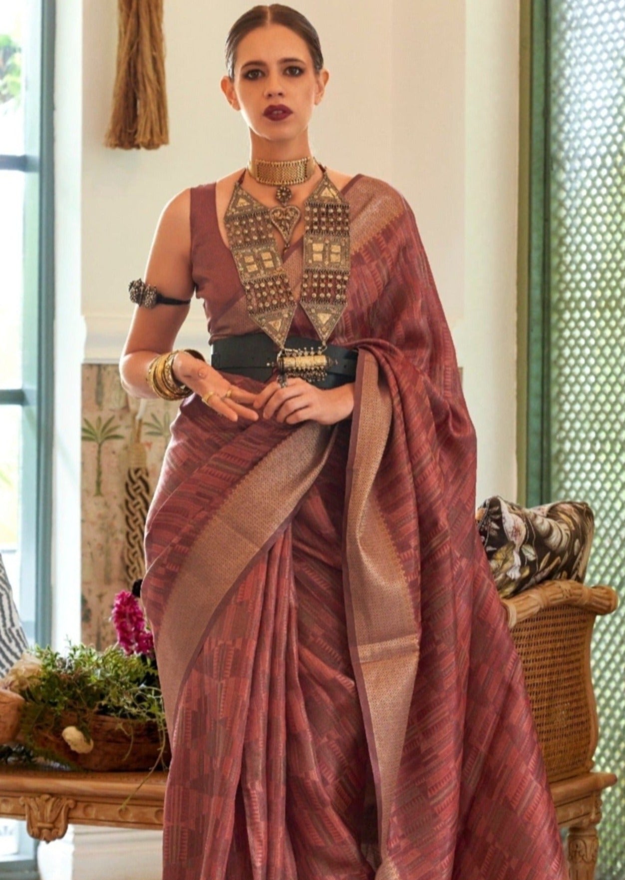 Bollywood actress style pure organza brown saree online.