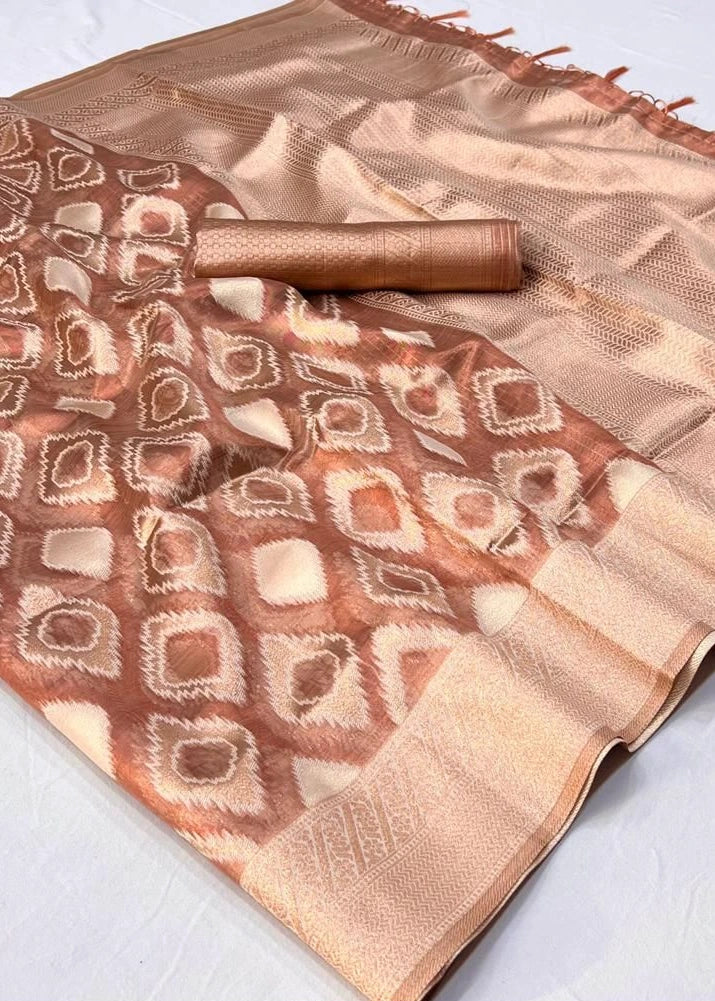 Bollywood Actress Kalki Koechlin in Pure Handloom Banarasi Tissue Silk Copper Peach Saree