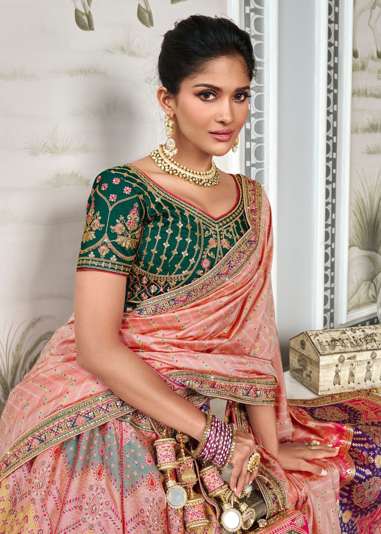 Bridal banarasi silk lehenga choli in london uk online shopping for Indian wedding and bridal wear in multicolor design.