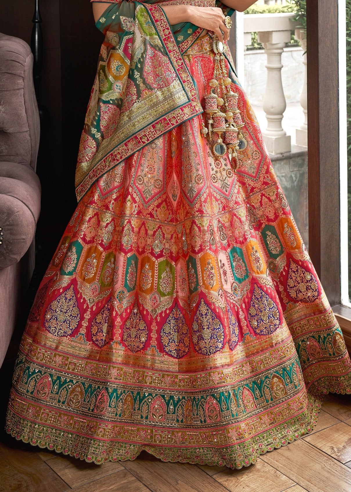 Bridal lehenga choli in london uk online in pure banarasi silk fabric for wedding wear.