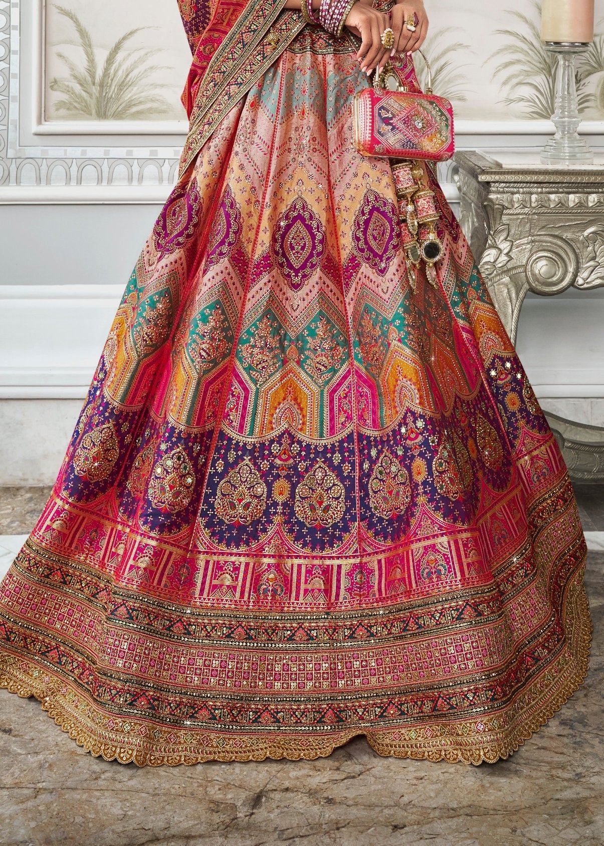 Bridal lehenga choli in london uk online for bride in multicolor design with tassels.