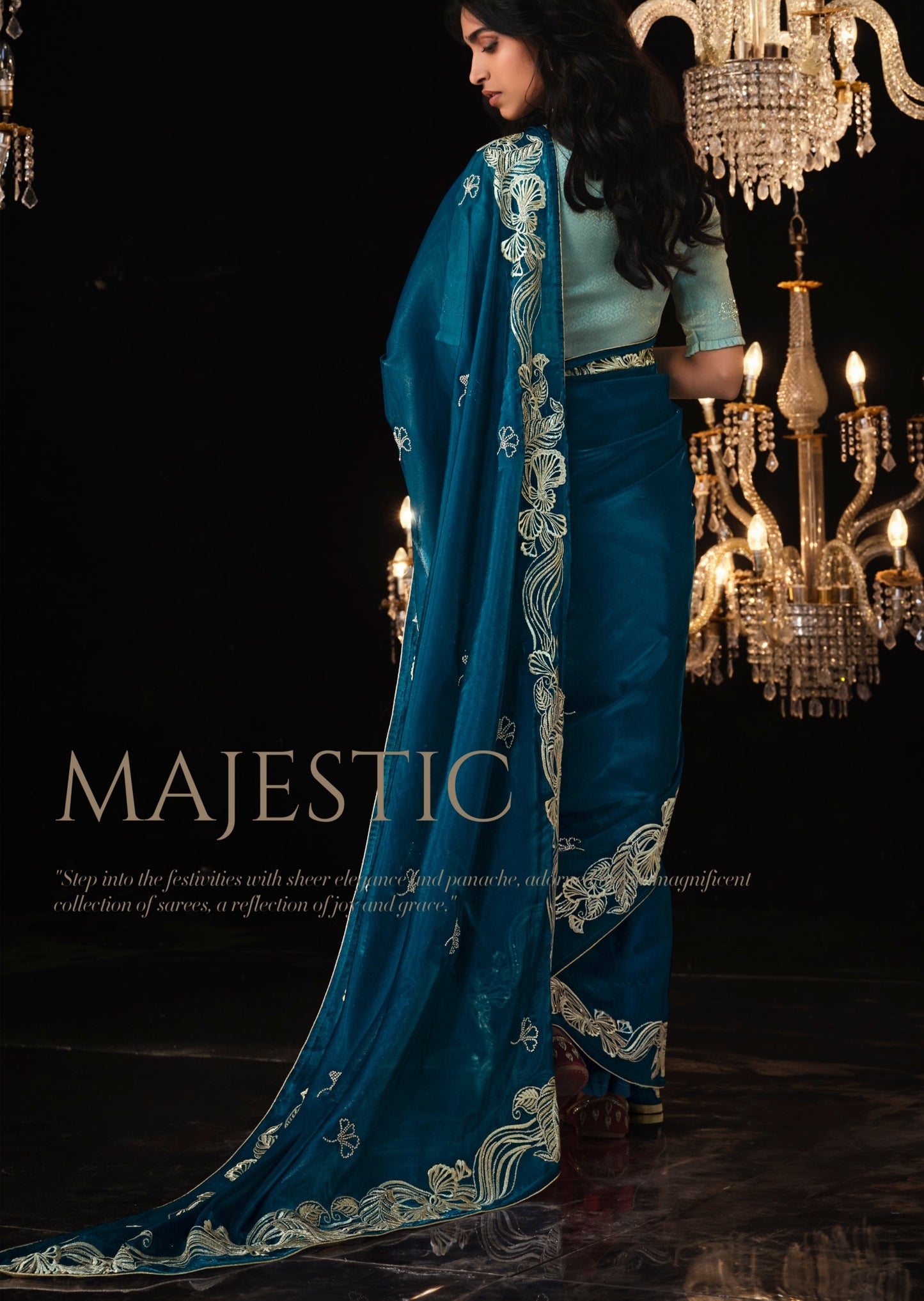 Bridal organza silk teal blue colour hand embroidered saree online shopping with price.