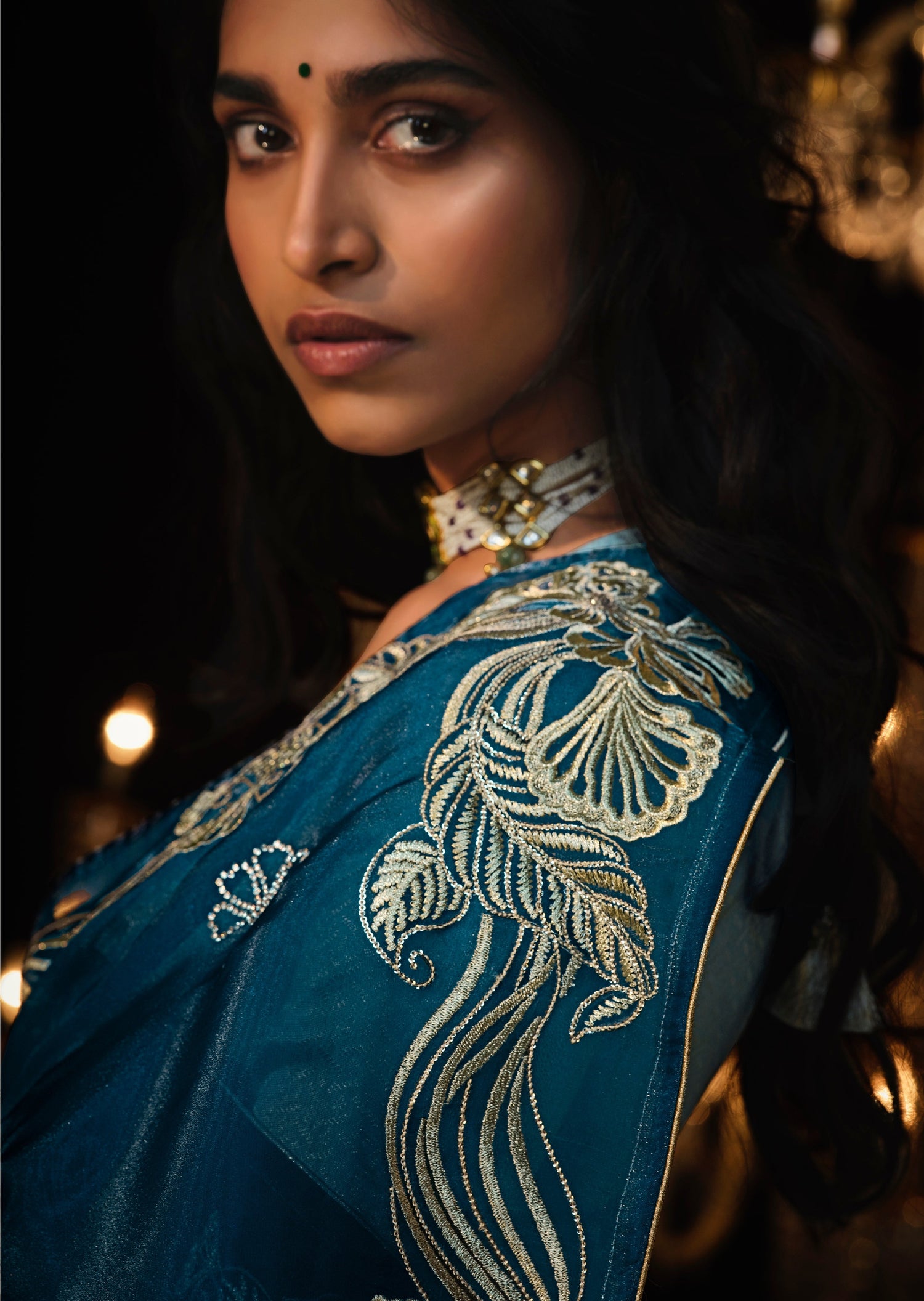 Bridal organza silk saree online shopping in teal blue color.