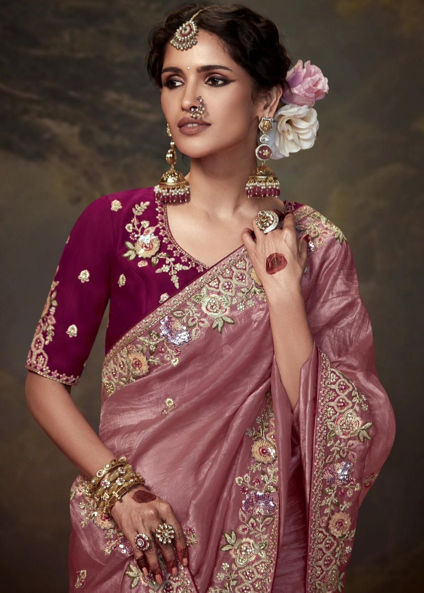 Bridal crushed tissue silk peach saree online for sale with contrast maroon red blouse.