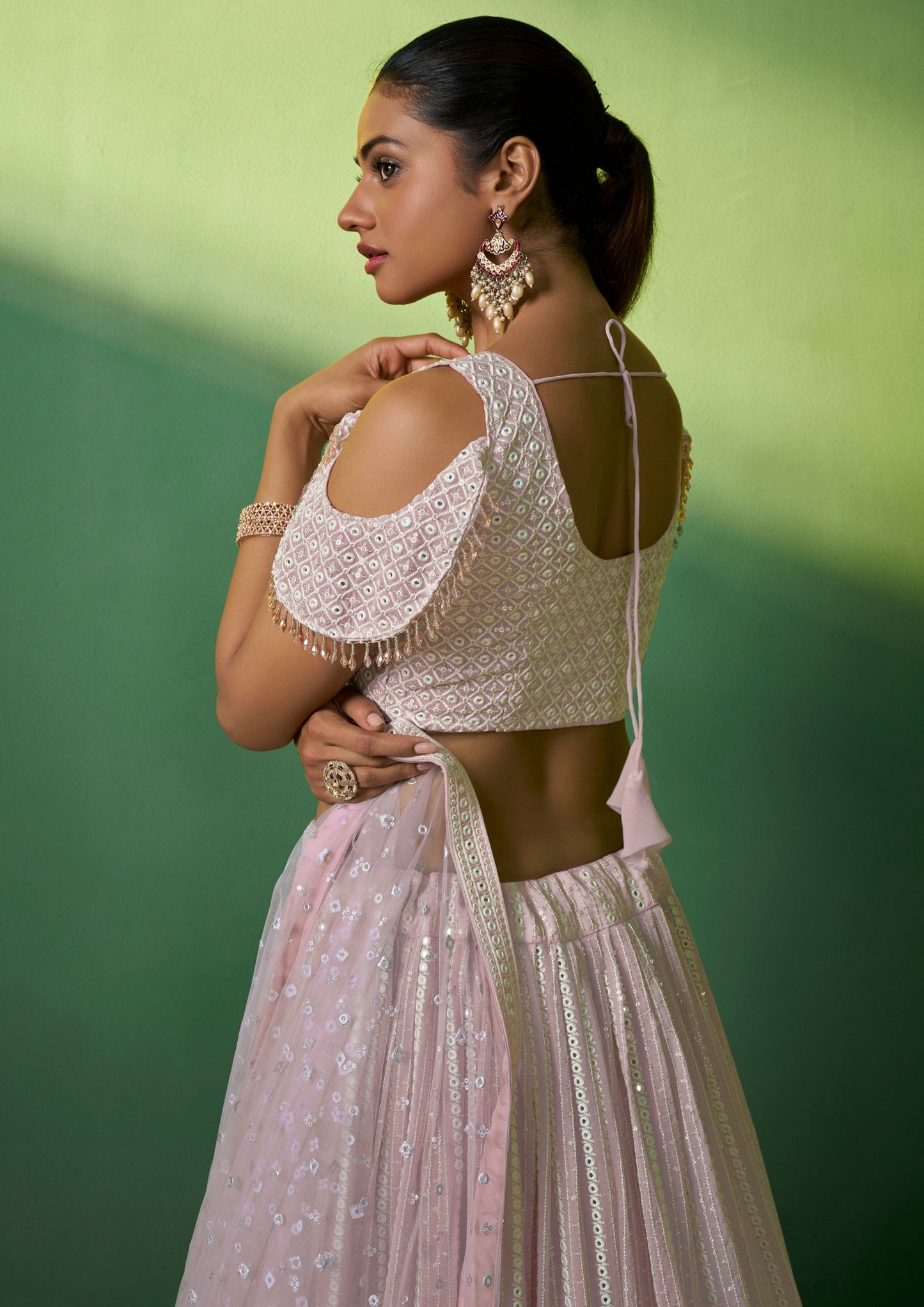 Bridesmaids baby pink sequins work semi stitched lehenga choli online shopping price usa.