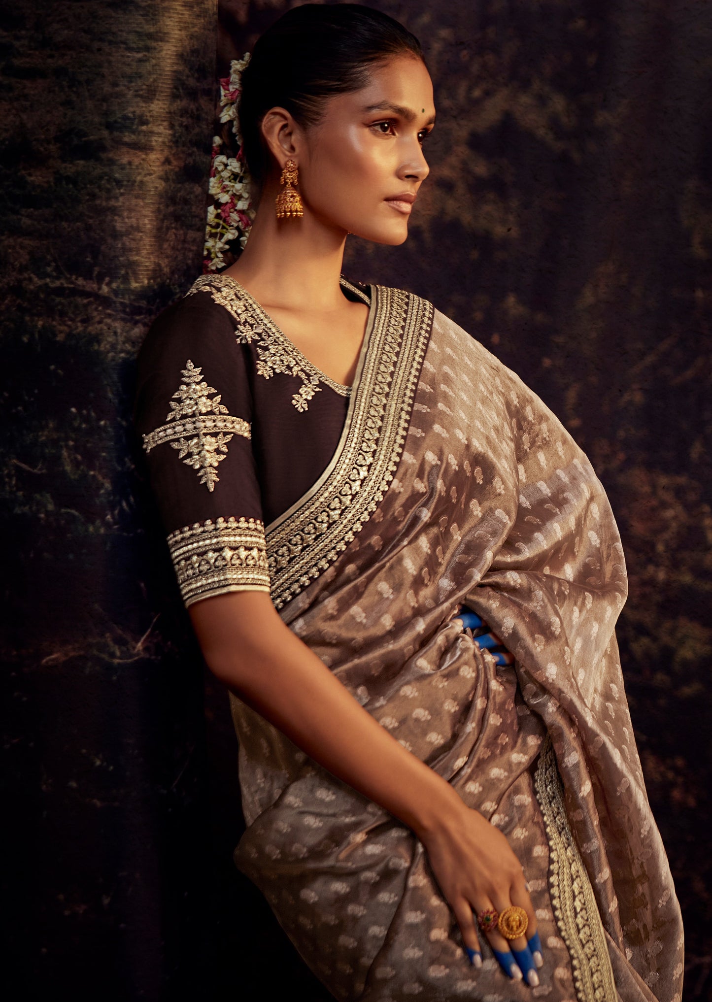 Banarasi organza hand work embroidery bridal saree blouse design in brown color.