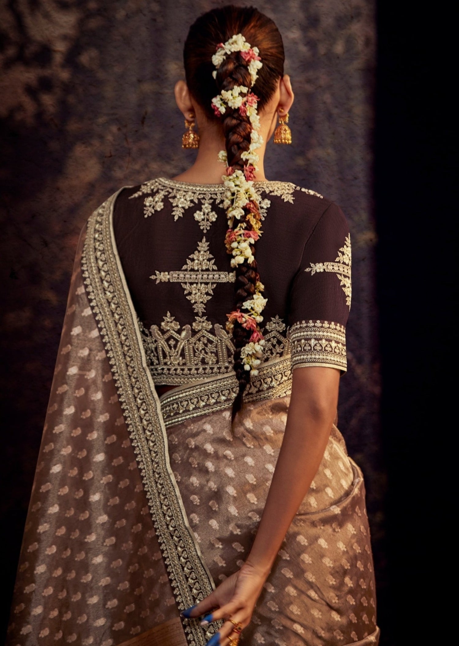 Brown hand embroidered organza silk saree blouse.