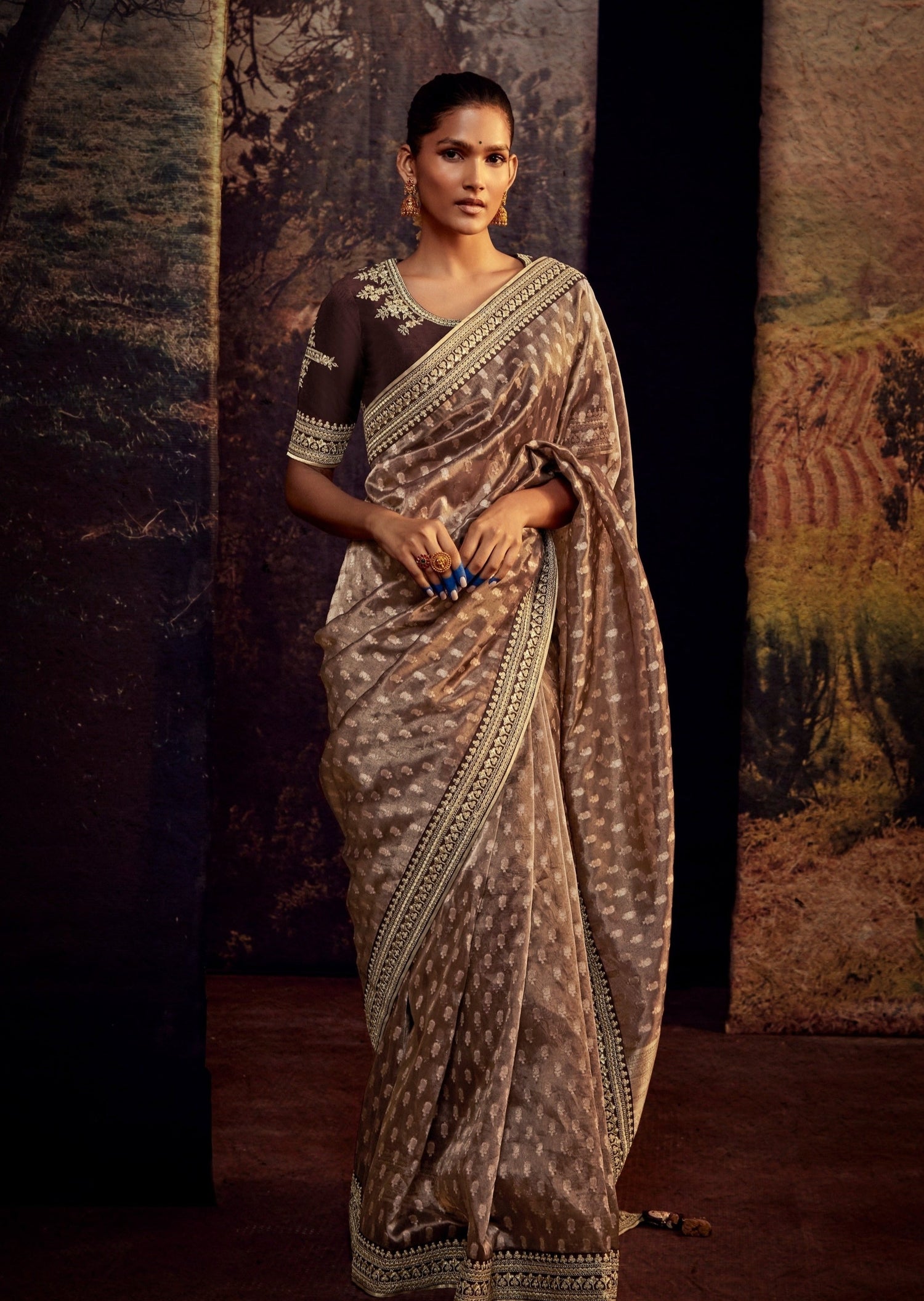 Brown banarasi organza saree blouse design with hand embroidery work.
