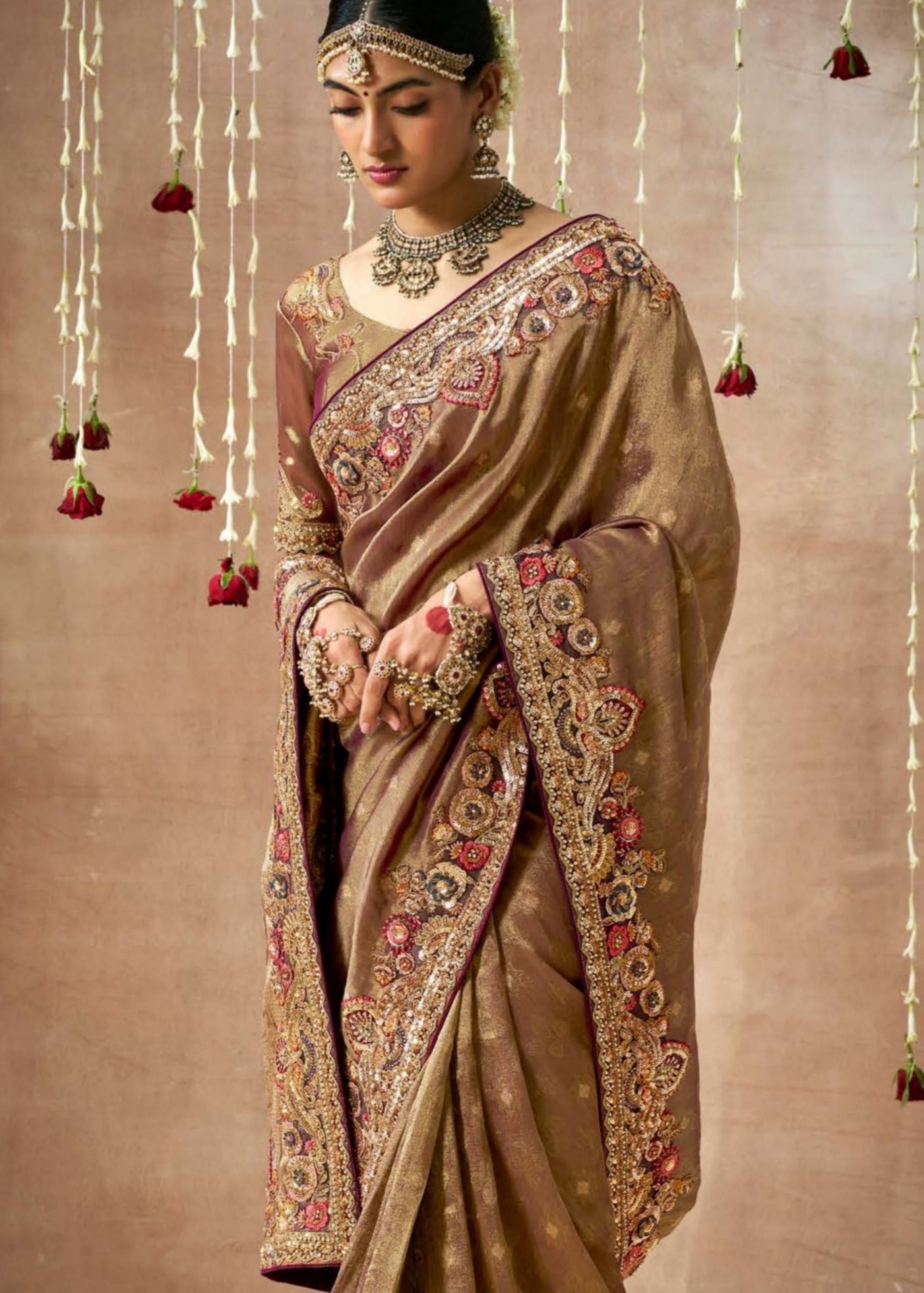 Banarasi tissue silk hand work embroidery brown saree online shopping for bride.