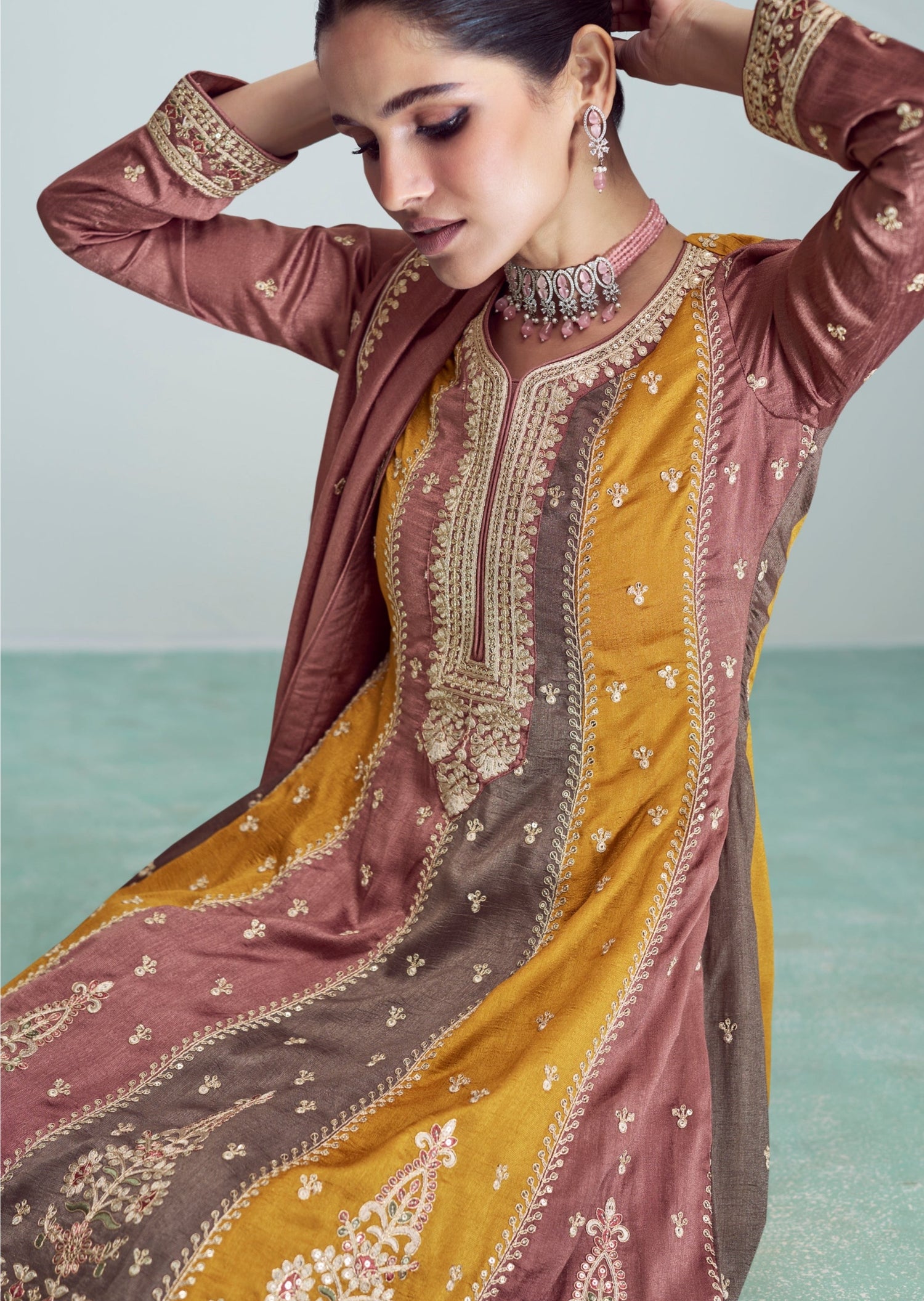 Shop Beige Silk Blend Salwar Suit With Embroidery And Printed Dupatta Online  at Soch India