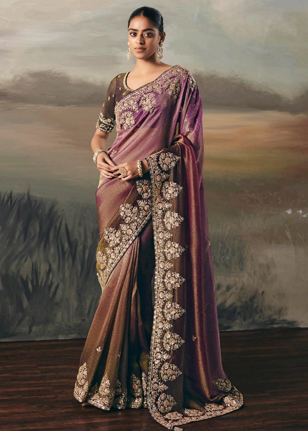 Full view of brown & pink ombre effect tissue silk embroidered bridal saree with intricate embroidery.