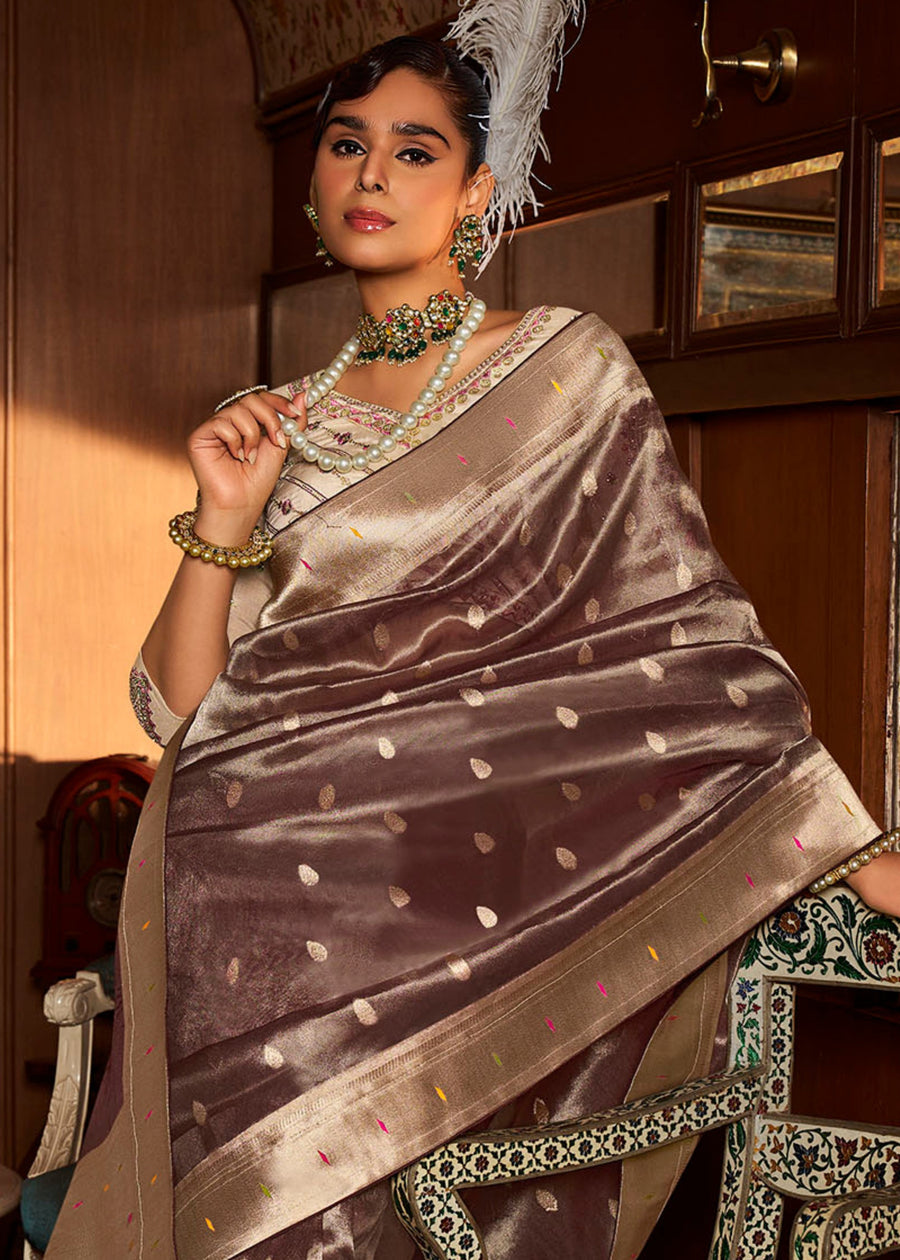 Chocolate brown paithani tissue silk saree with contrast cream embroidered blouse showing intricate paithani motifs and handloom weave.