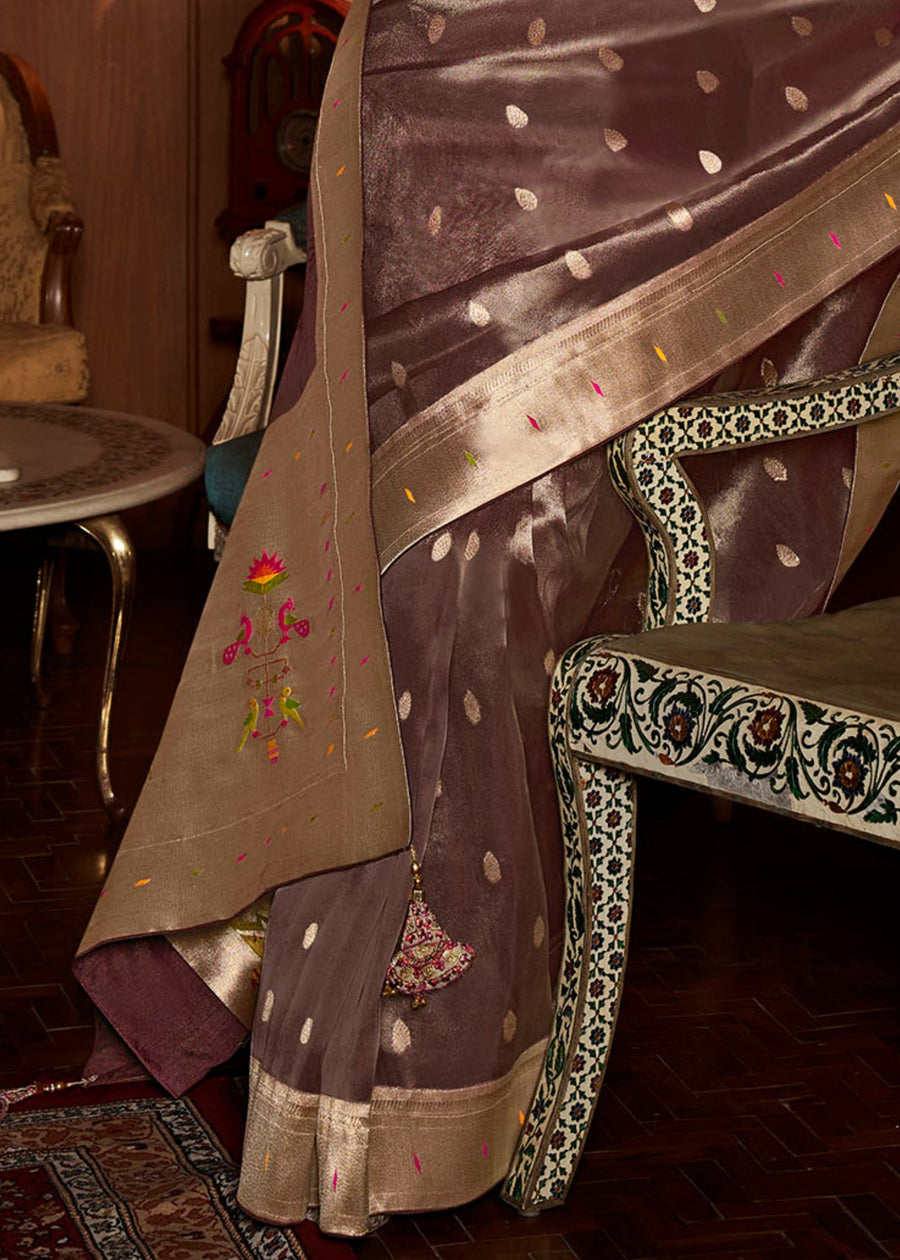 Paithani tissue silk chocolate brown saree online in usa with peacock, lotus butta and parrot motifs on pallu.