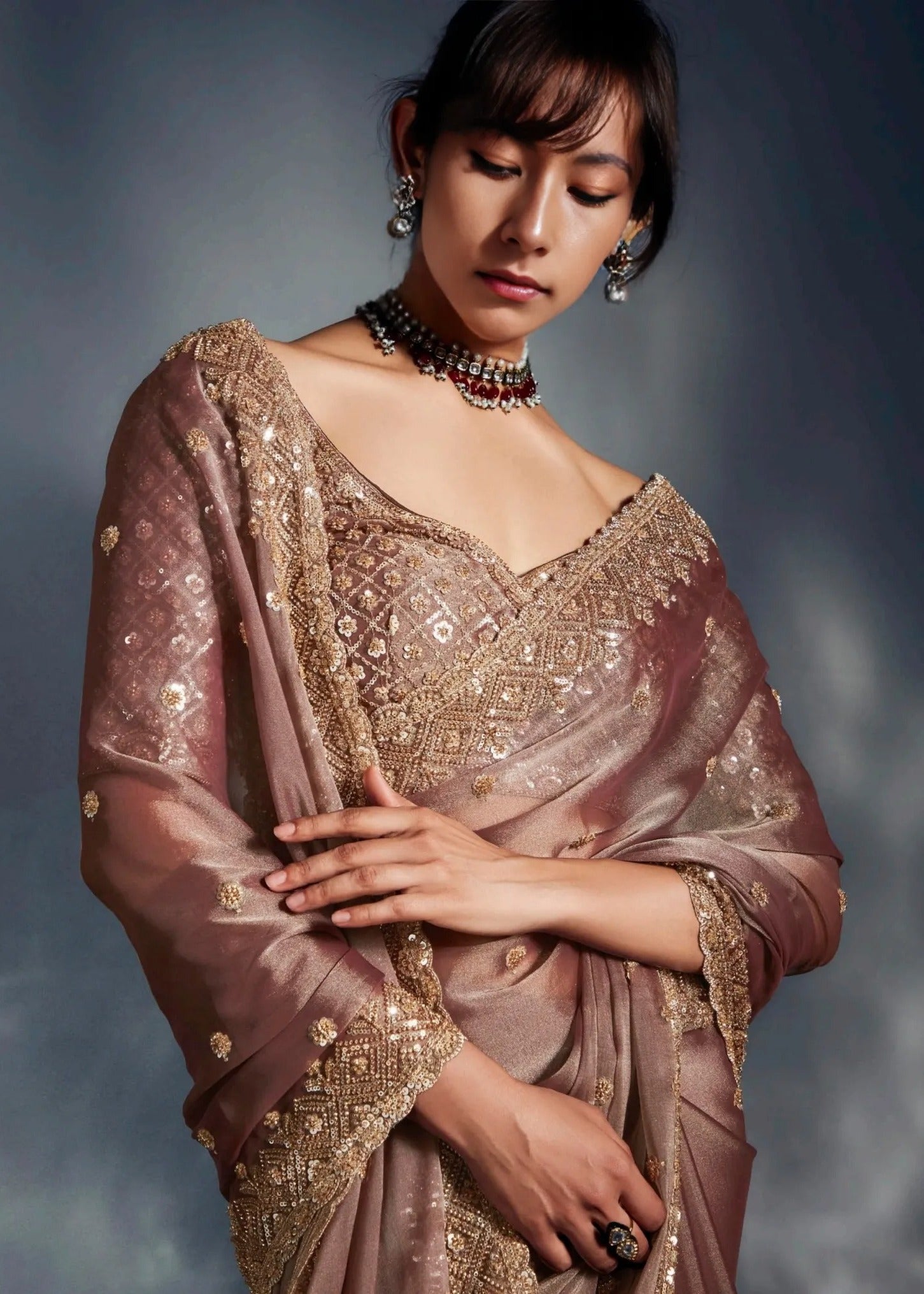 Hand embroidered bridesmaids saree in usa online in brown tissue silk organza fabric for cocktail and festive looks.