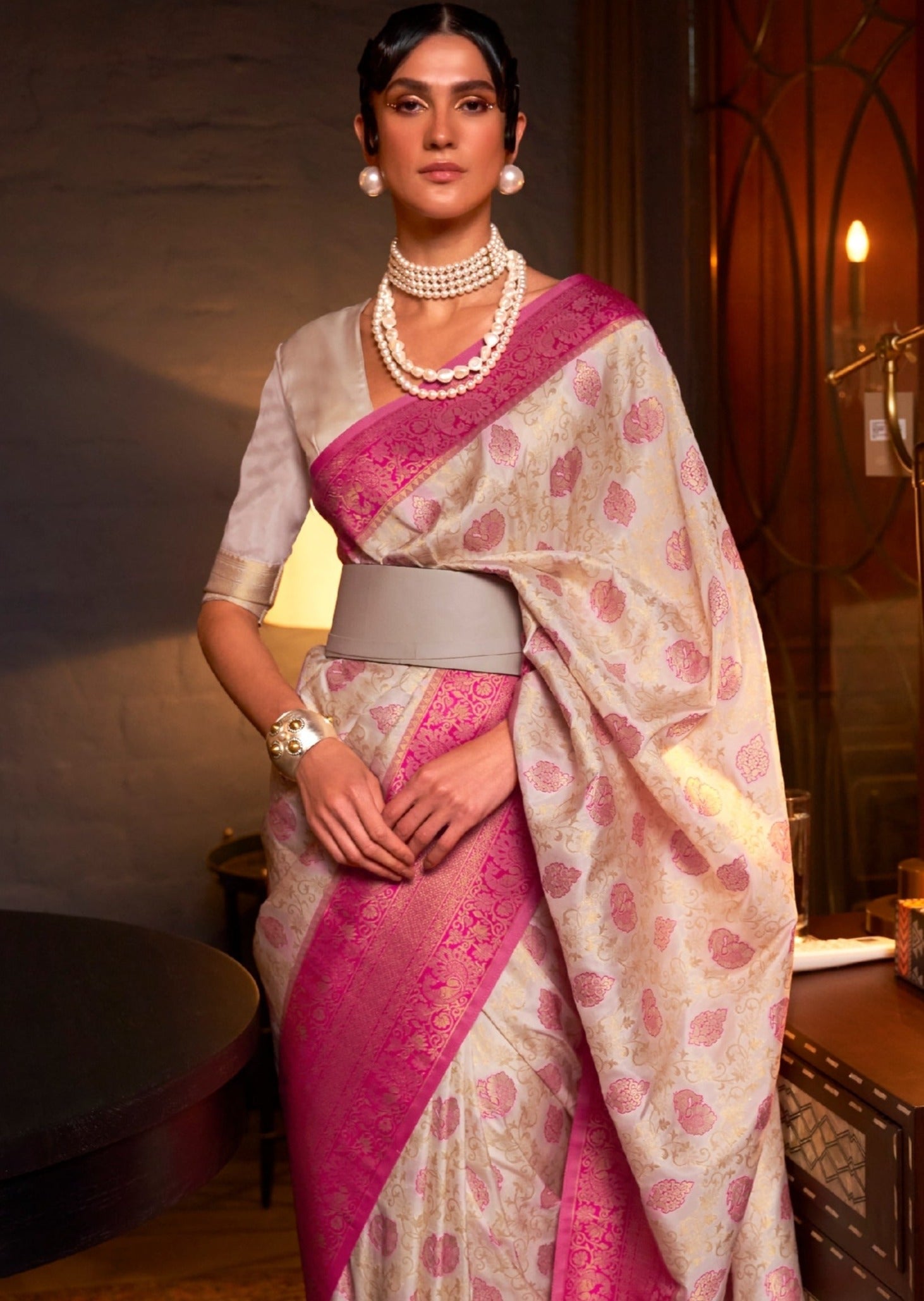 Buy pure handloom banarasi katan silk white saree with pink border online price.