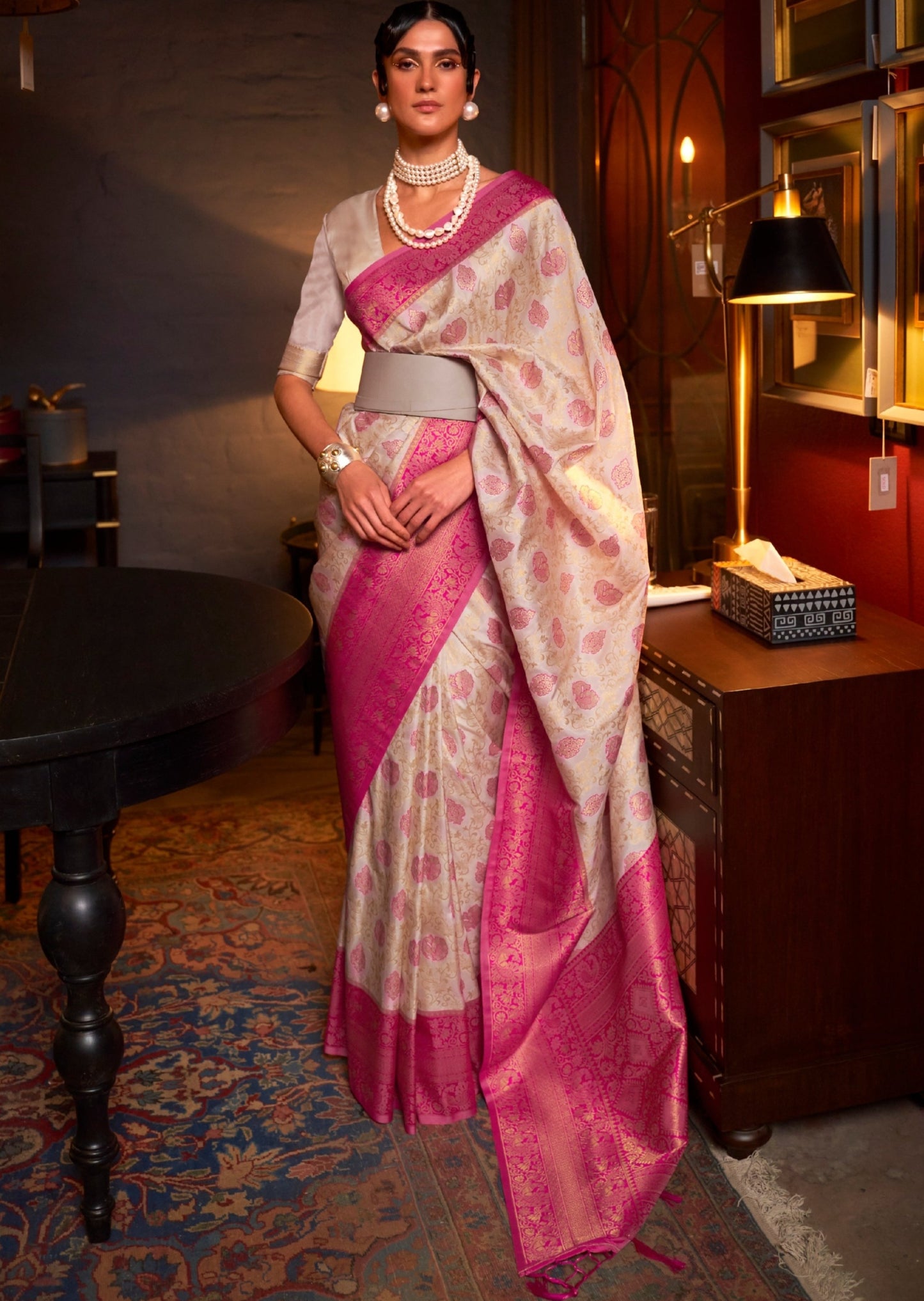 Attractive White And Pink Banarasi Silk Saree – vastracloth