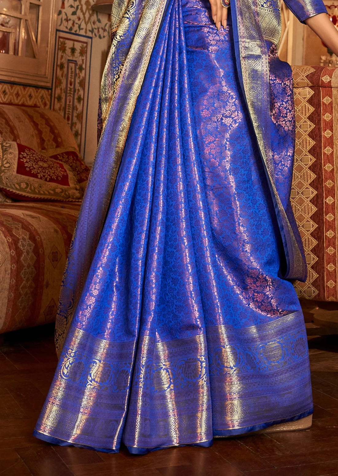 Cobalt blue kanchipuram pattu silk saree online for wedding.