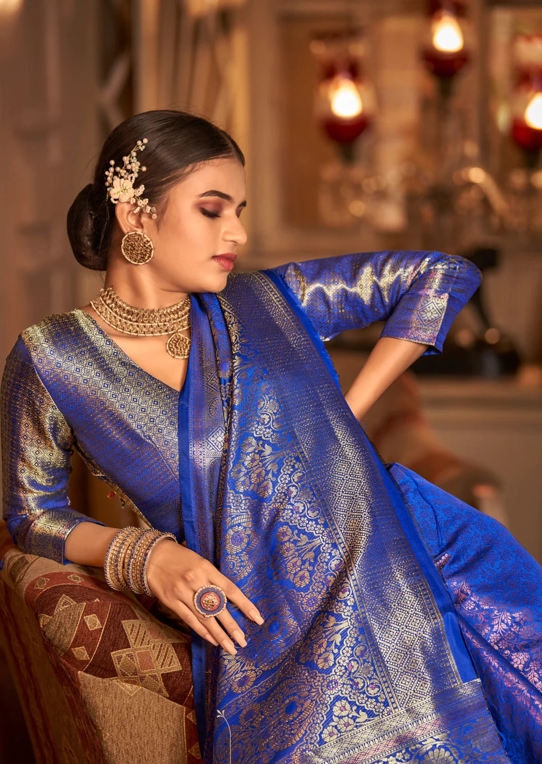 Cobalt blue kanchipuram pattu silk saree online price for wedding.