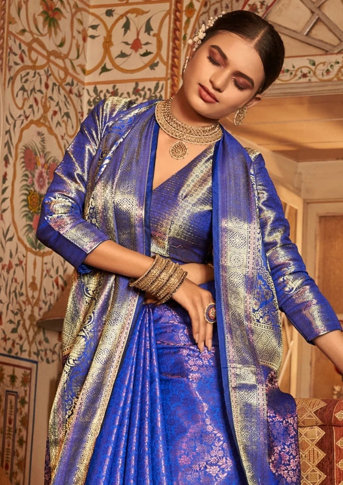 Cobalt blue kanchipuram pattu silk saree online usa india uk.