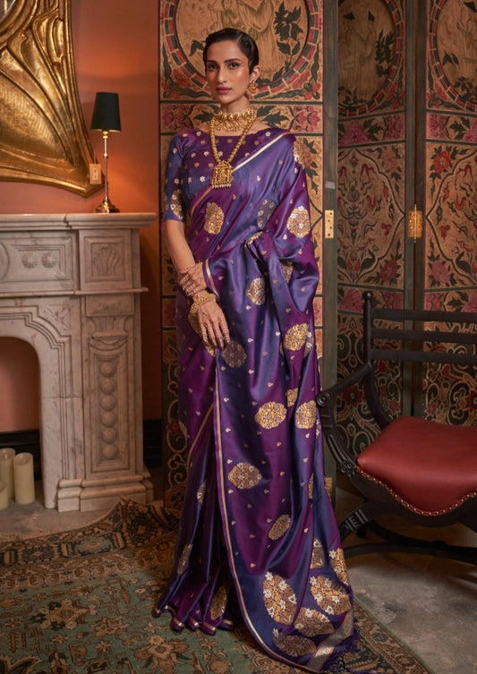 Copper zari weaving banarasi satin silk handloom saree in violet purple color online shopping.