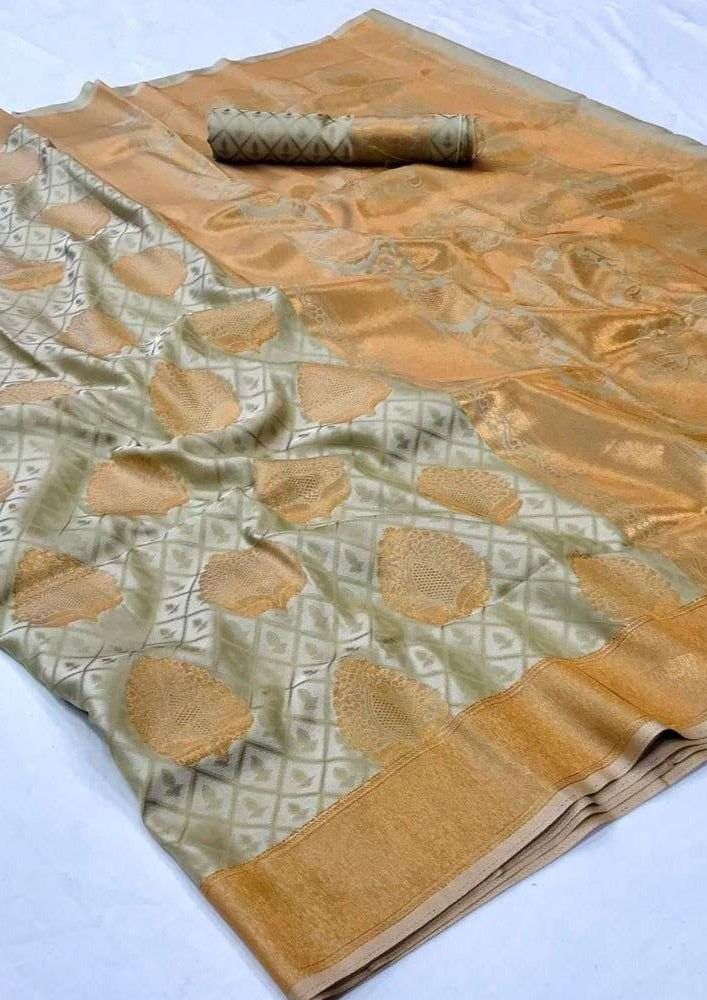 Copper Zari Handloom Silk Grey Banarasi Saree Blouse Design