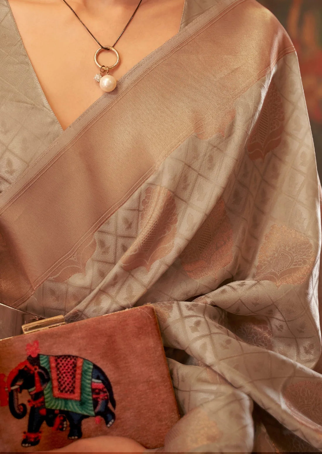 Copper Zari Handloom Silk Grey Banarasi Saree close up