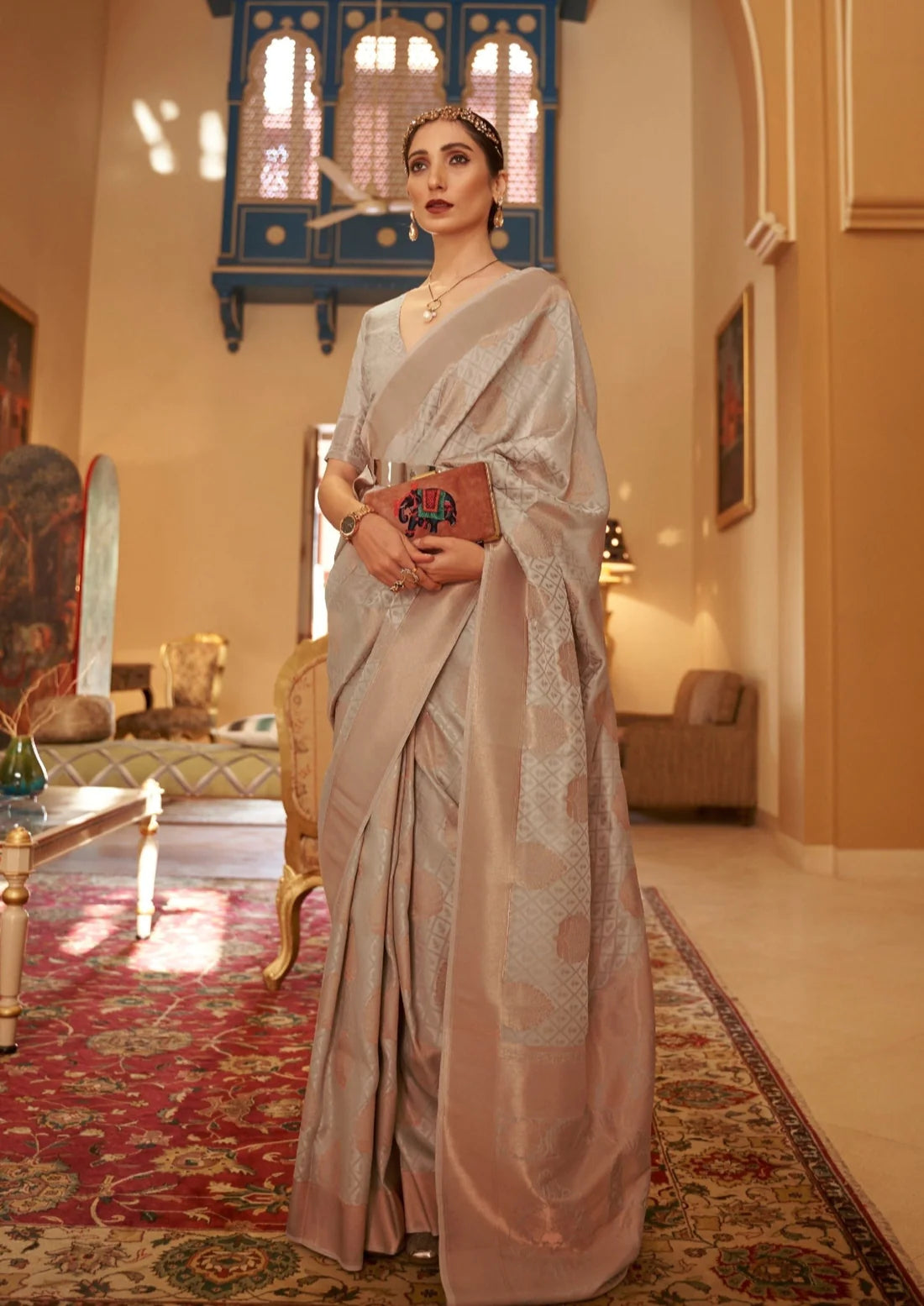 Bride in Copper Zari Handloom Silk Grey Banarasi Saree