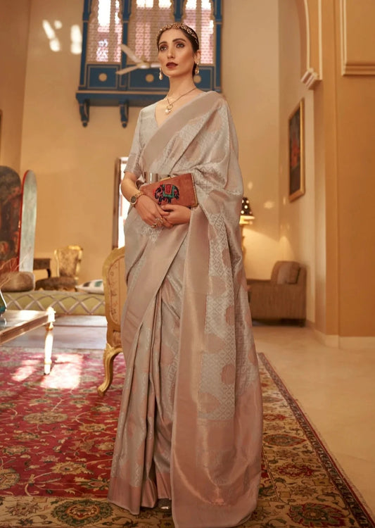 Bride in Copper Zari Handloom Silk Grey Banarasi Saree