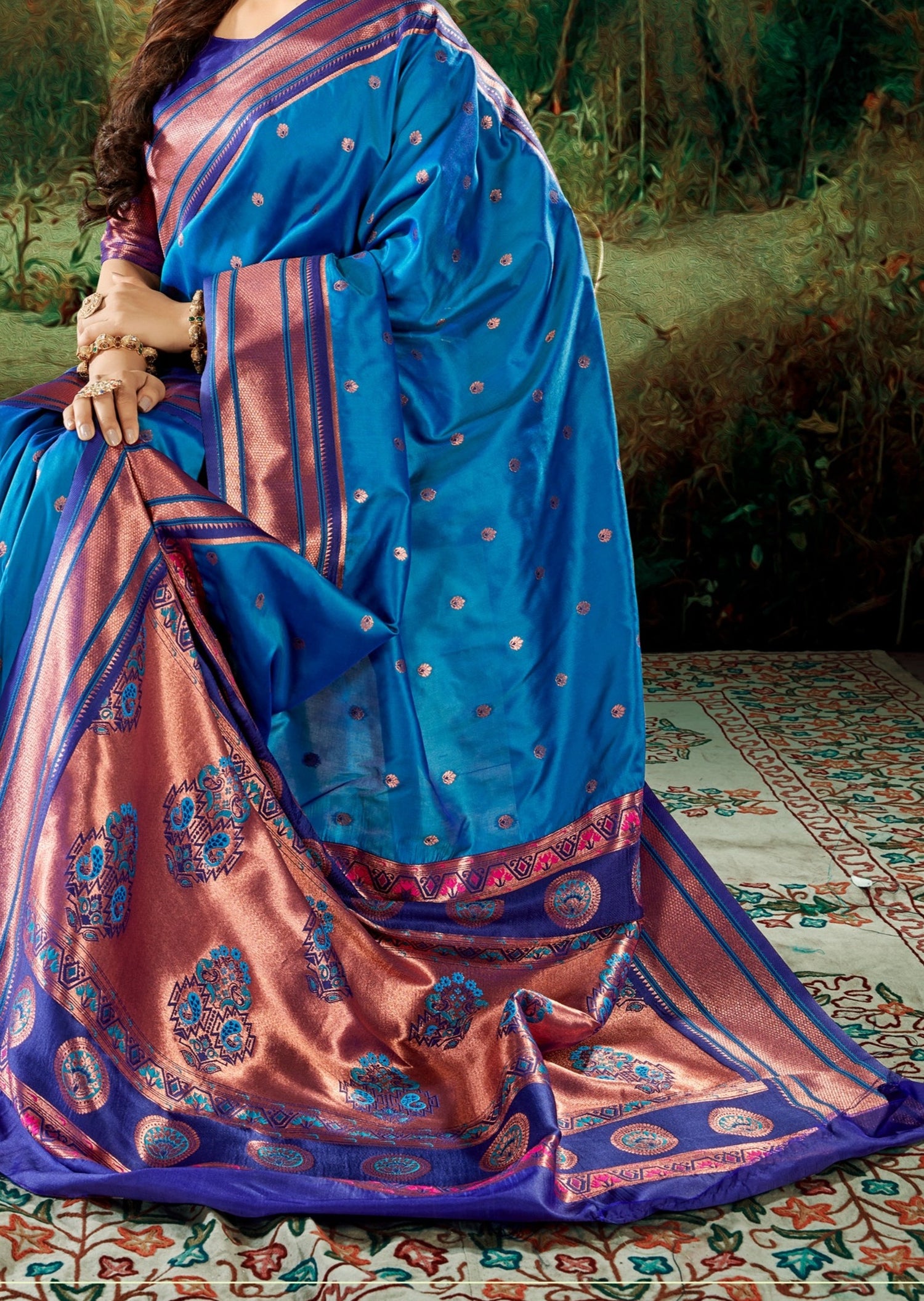 Copper zari peshwai paithani silk handloom saree pallu design online price in blue colour.
