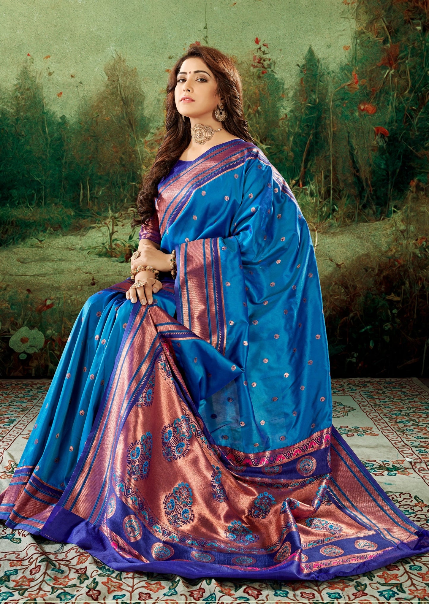 Womens copper zari peshwai paithani silk handloom saree online in blue colour.