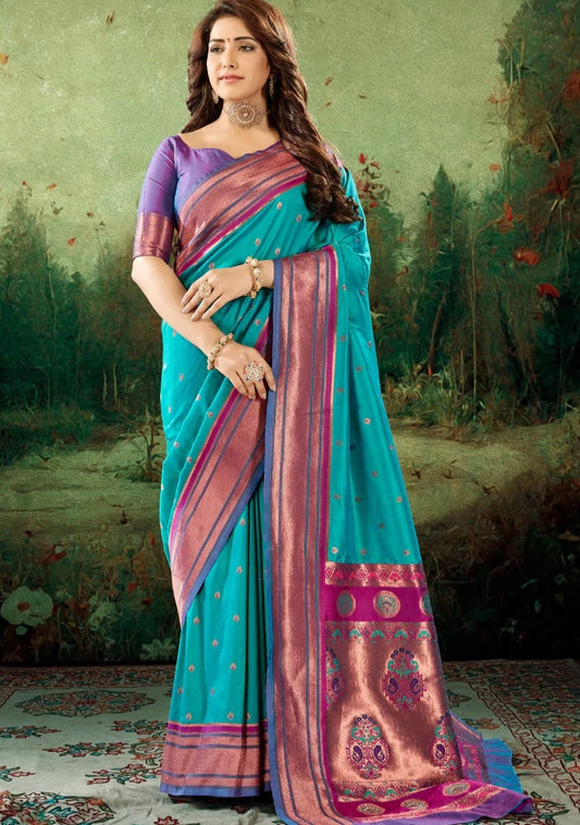 woman in Copper Zari Peshwai Paithani Silk Jade Green Handloom Saree