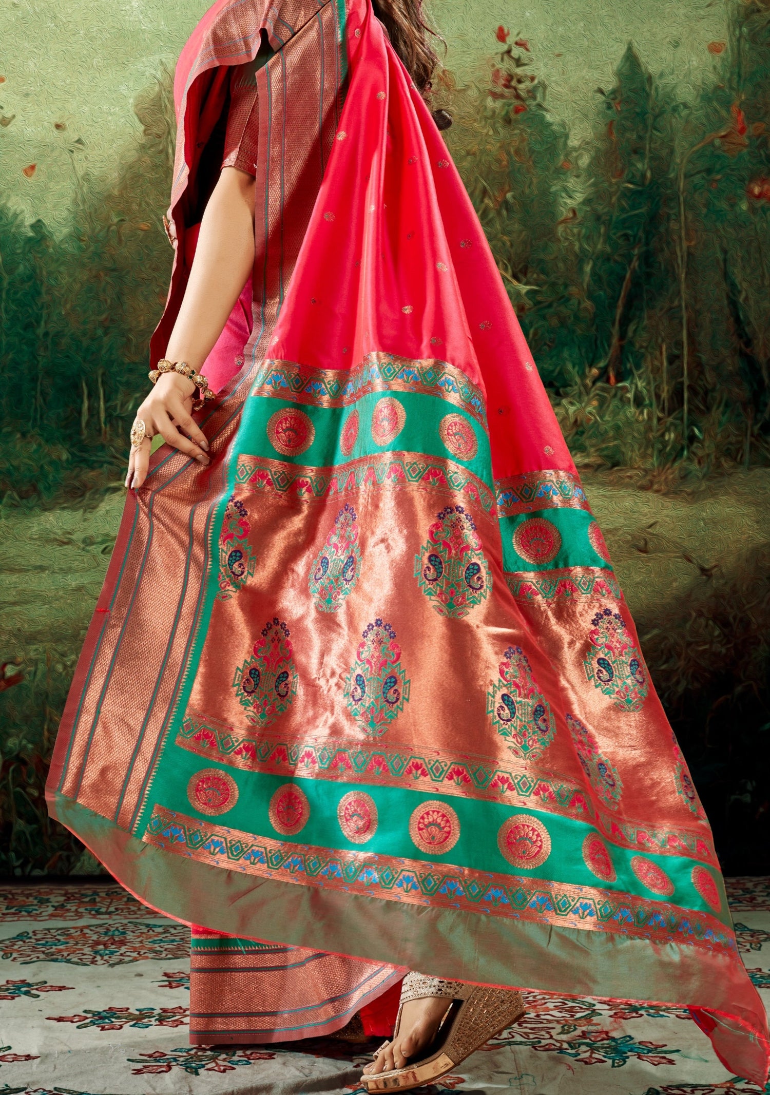 Copper zari pure paithani silk red handloom saree designs online.