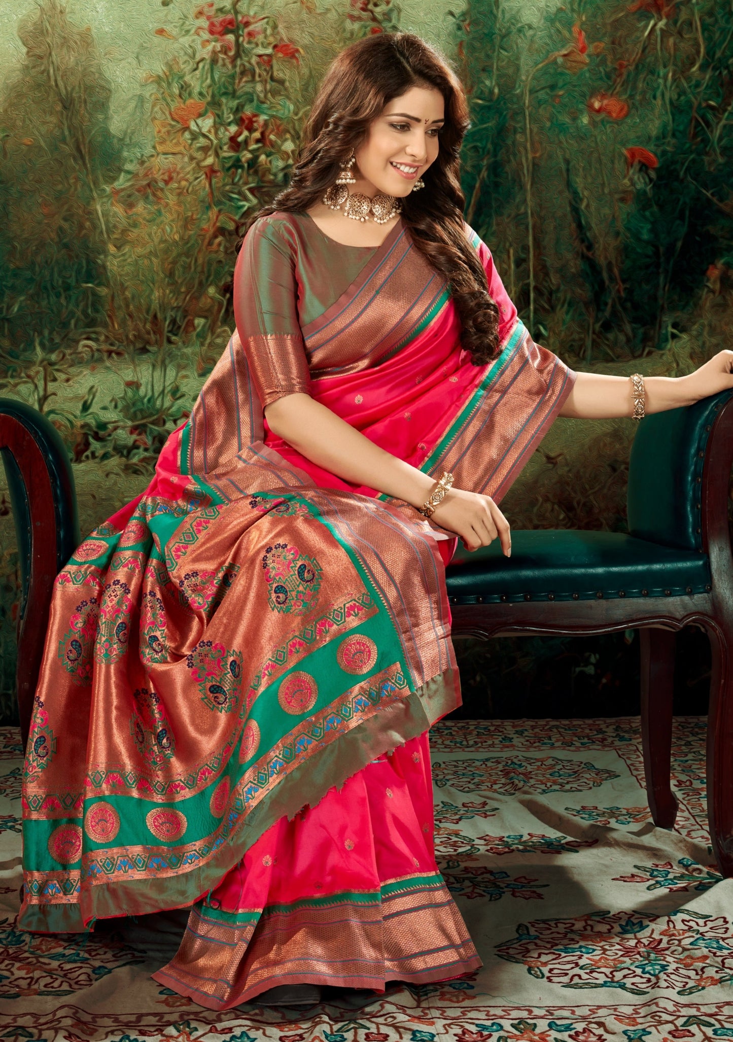 Woman's copper zari pure paithani silk red handloom saree online shopping price.