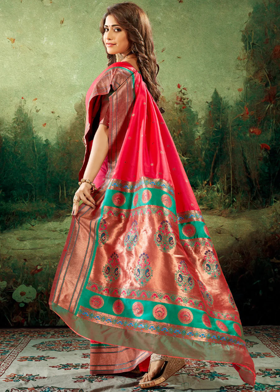 Copper zari pure paithani silk red handloom saree online.