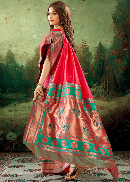 Copper Zari Pure Paithani Silk Red Handloom Saree