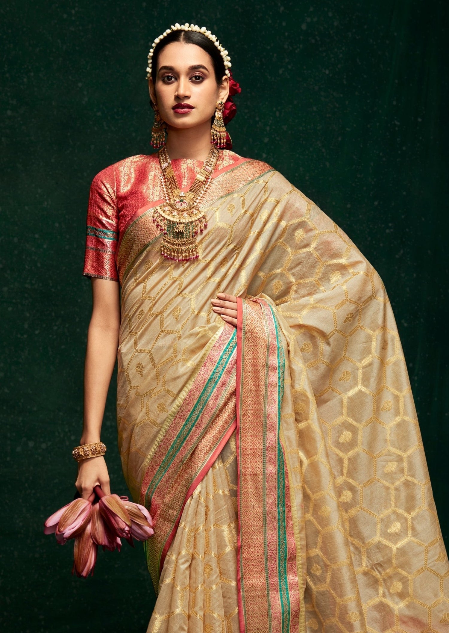 Banarasi cotton silk beige saree online shopping usa with contrast blouse.