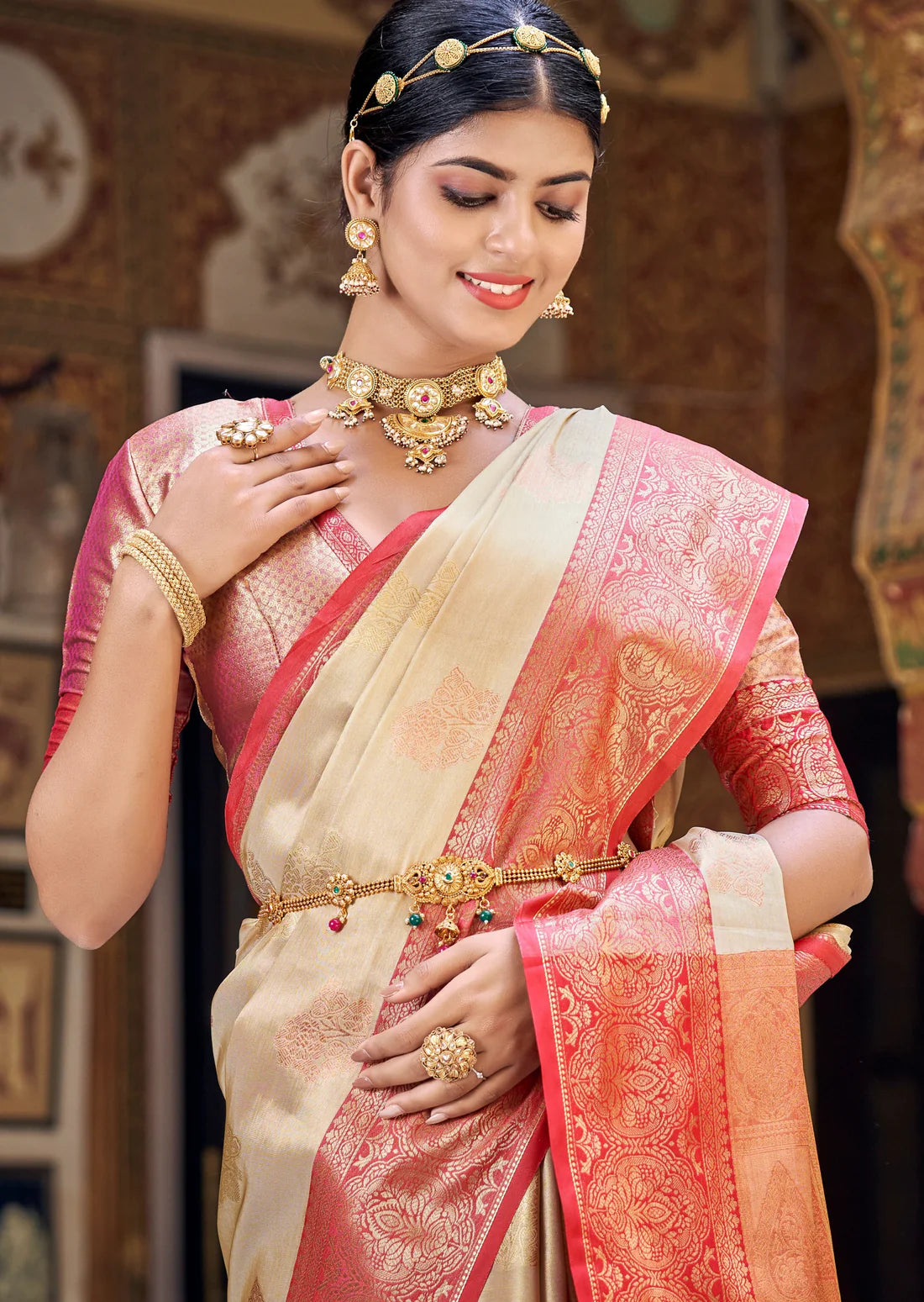 Cream and red banarasi tisse silk handloom saree blouse online price cost.