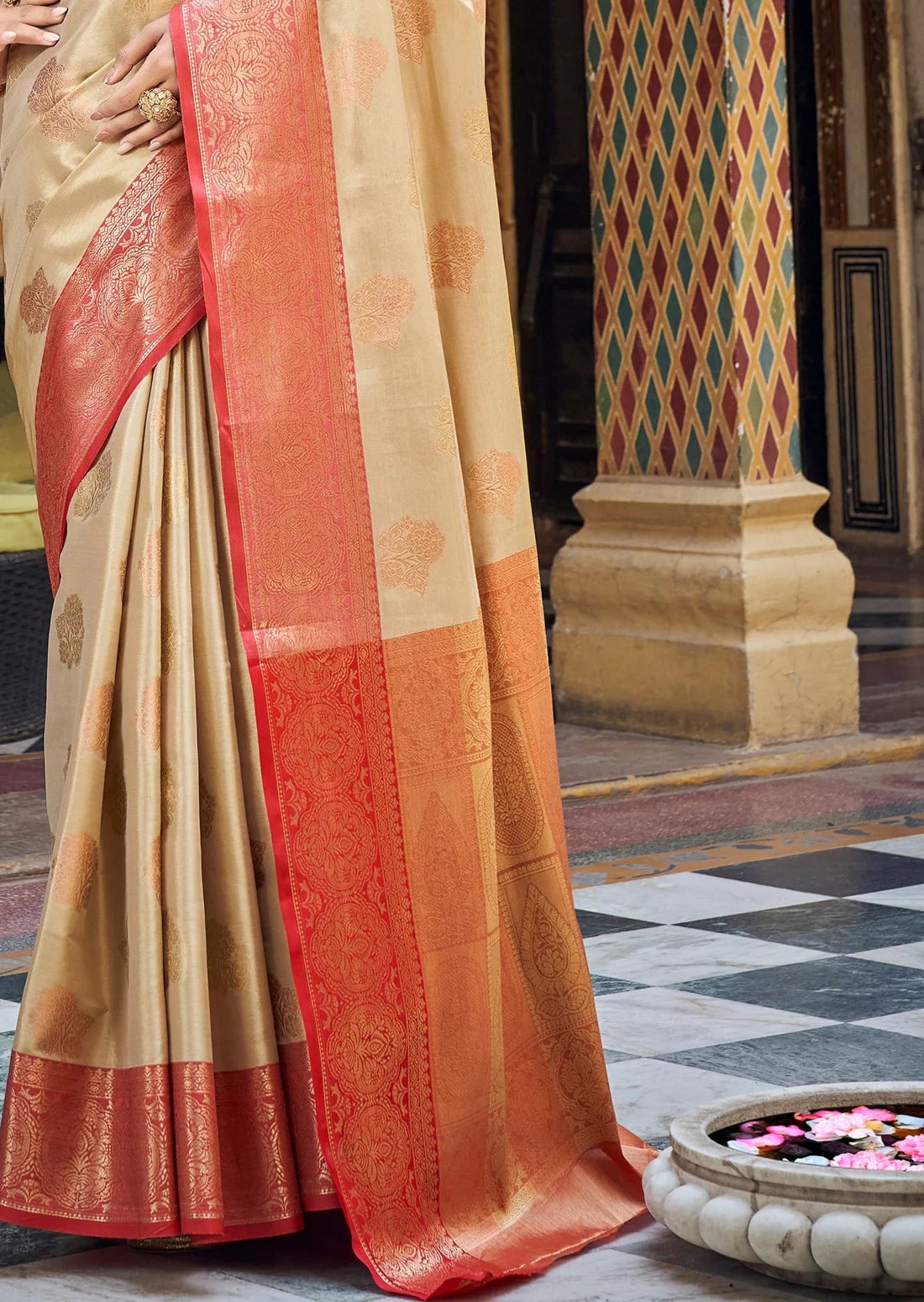 Cream red banarasi tisse silk handloom saree blouse online sale price cost for wedding.