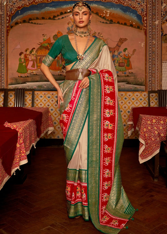 Luxury cream green patola saree online in New York USA for Indian wedding, engagement and festive occasions.